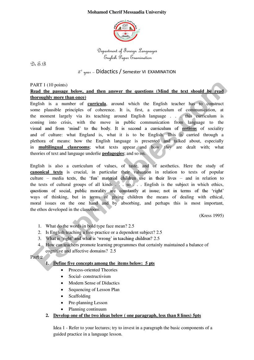 3rd year  Didactics / Semester VI  EXAMINATION  