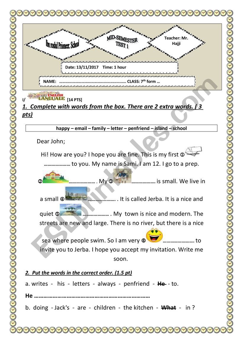 test for 7 graders worksheet