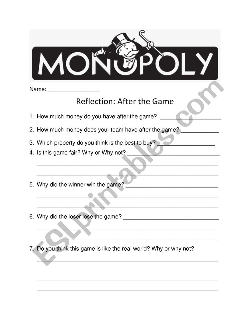 Monopoly Game Reflections  worksheet