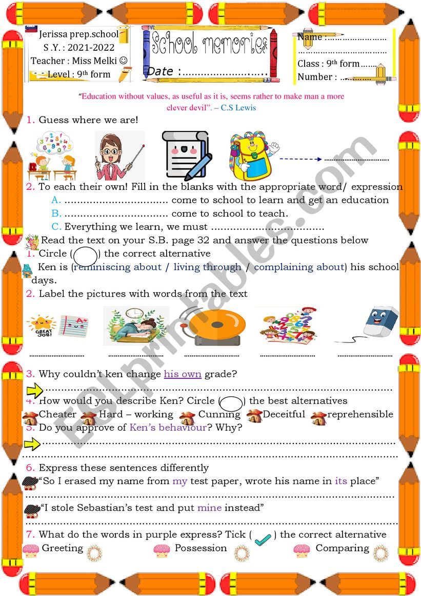 School memories worksheet