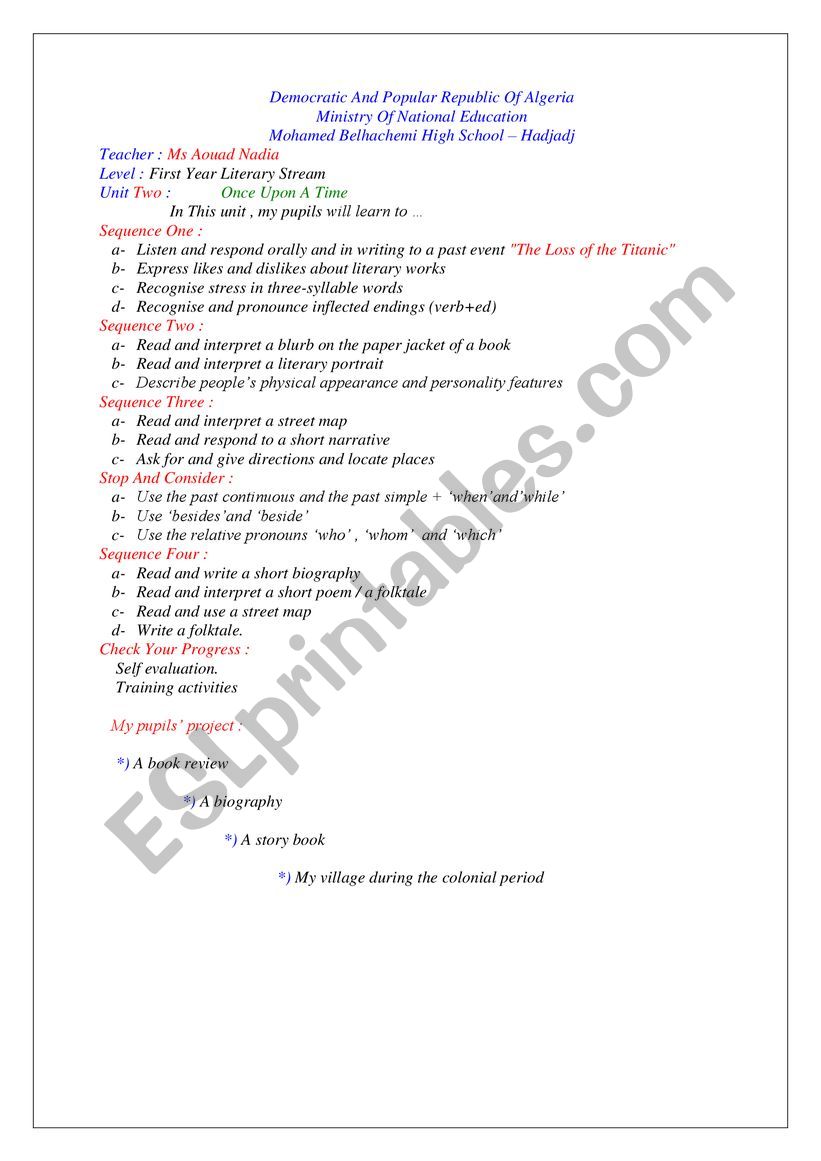 unit two: once upon a time worksheet