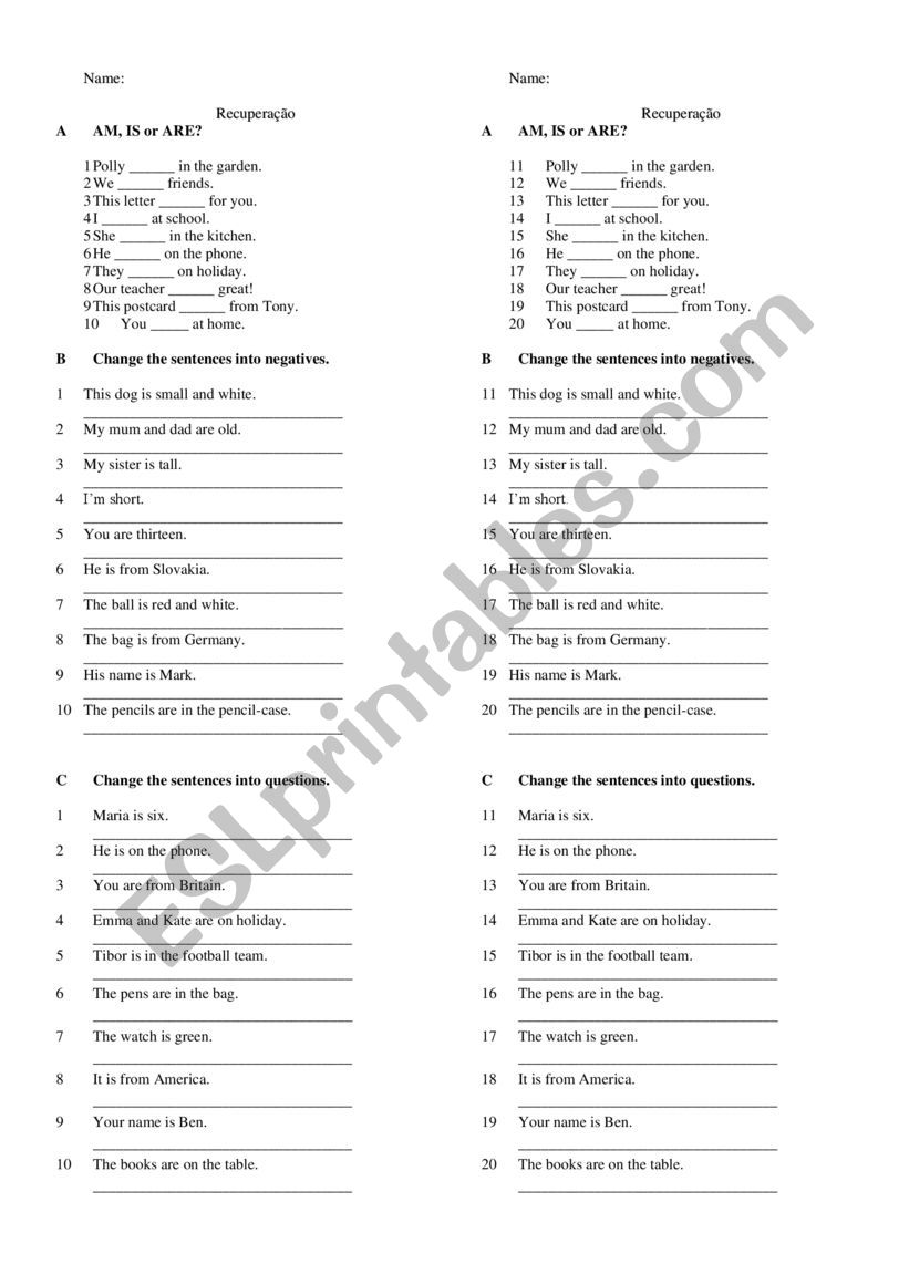 Verb to be Recuperation test worksheet