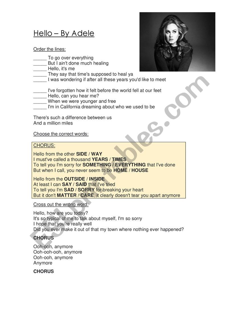 Hello by Adele - Song worksheet