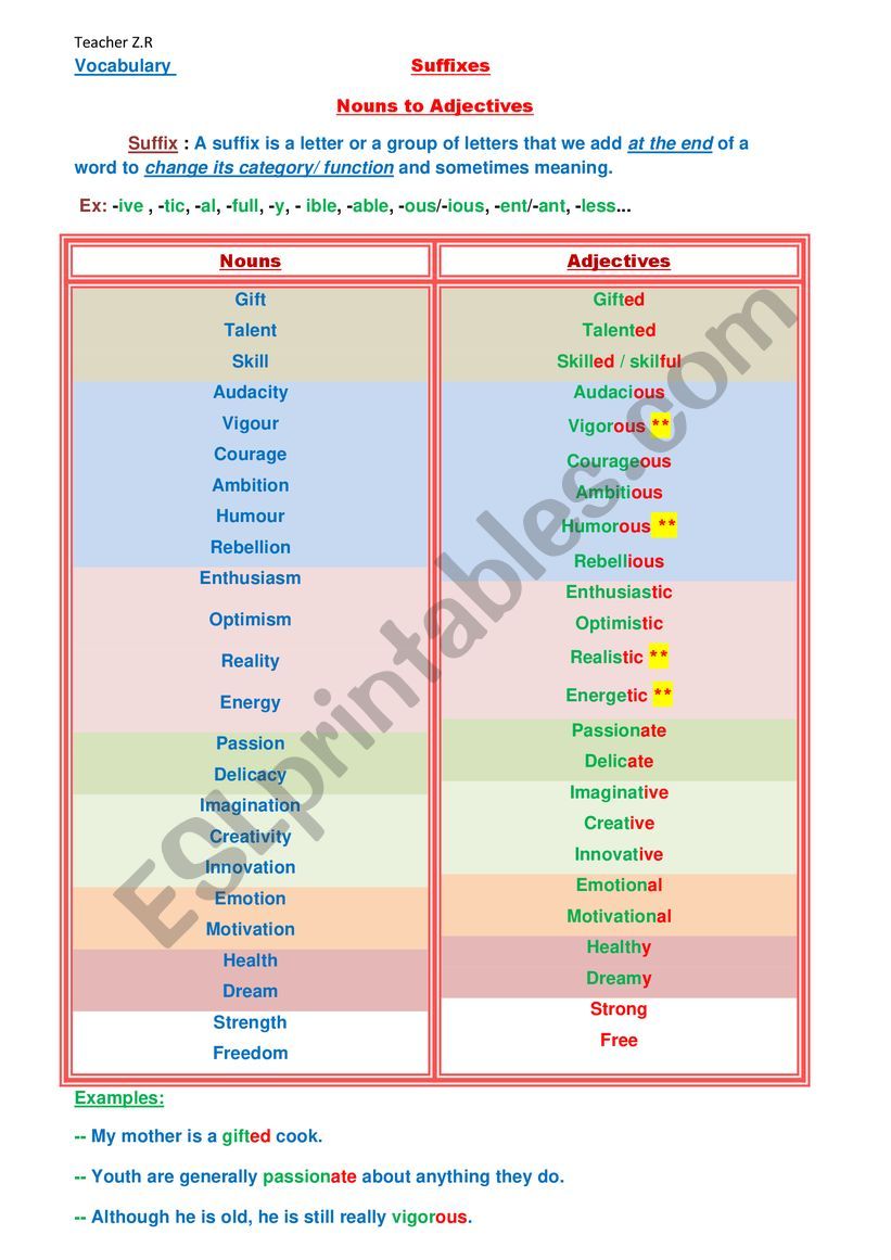 Adjective Suffixes worksheet