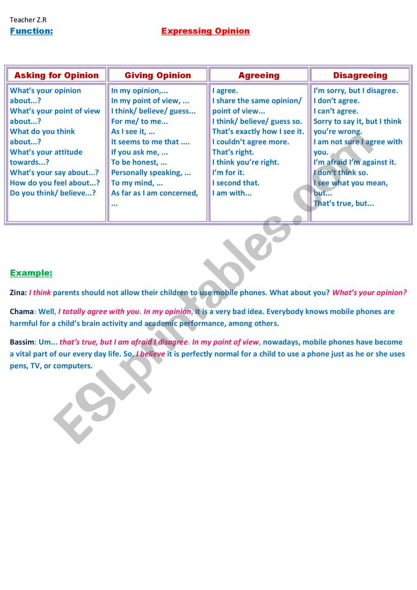 Expressing Opinion worksheet