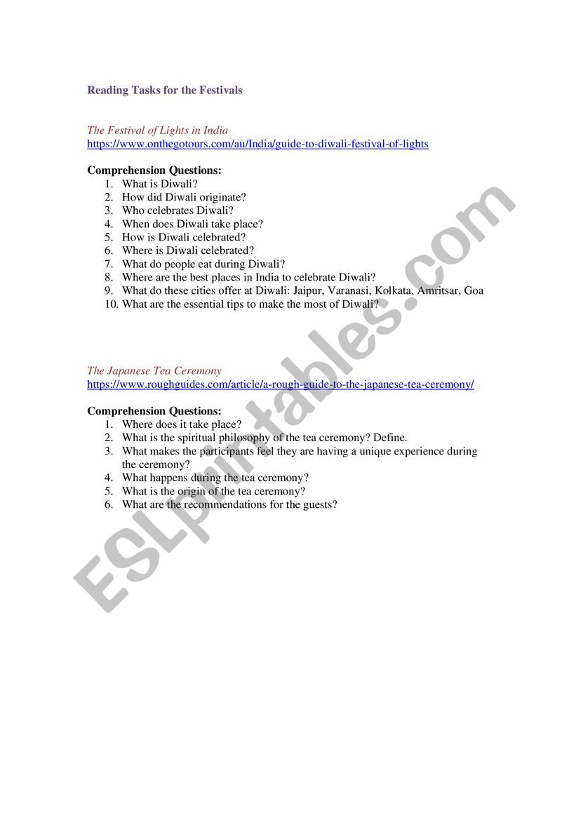 Reading about festivals  worksheet