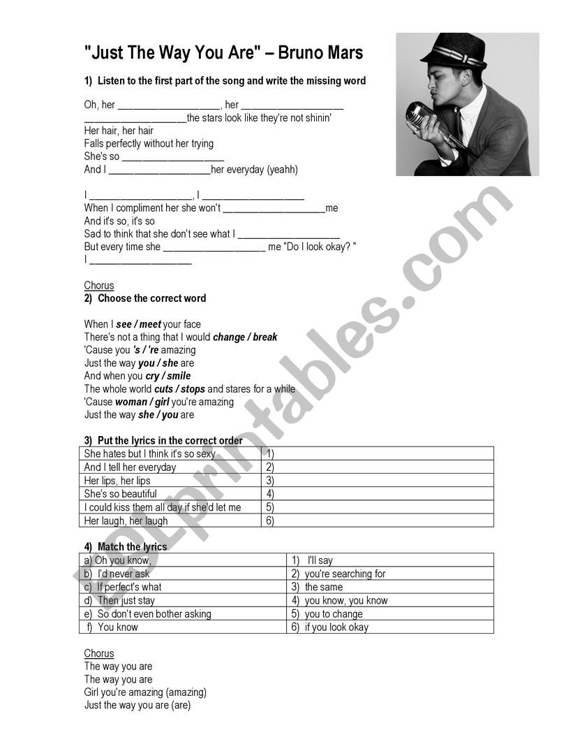 Music bruno Mars worksheet