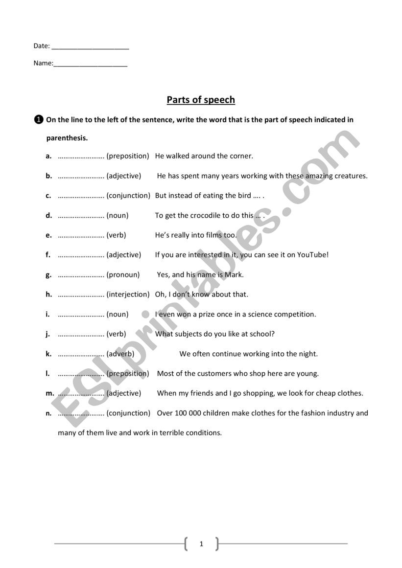 Parts of Speech worksheet