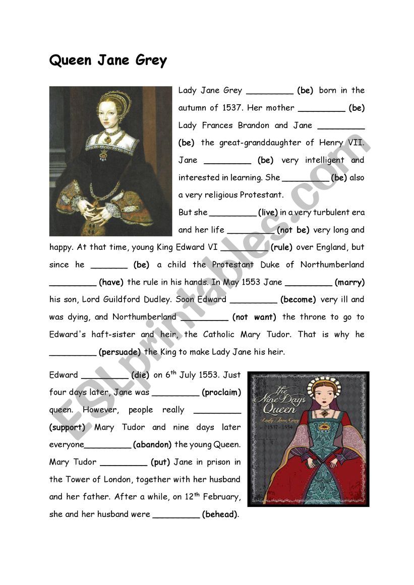 Past simple- Queen Jane Grey worksheet
