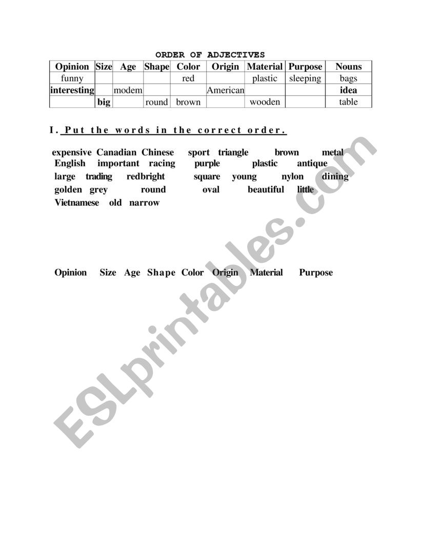 order of adjectives worksheet