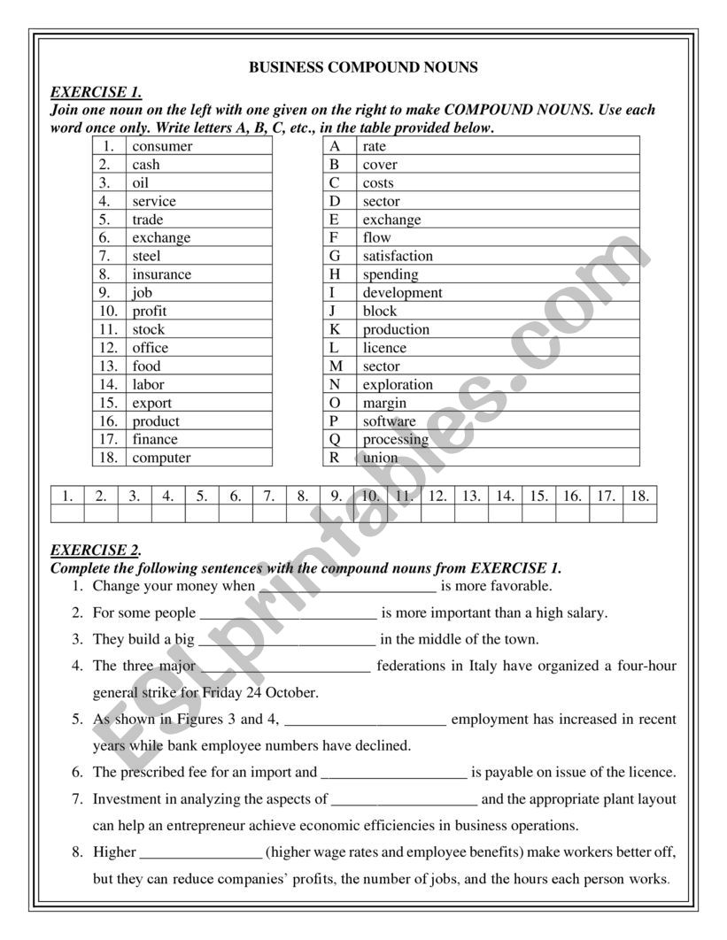 Business compound nouns worksheet