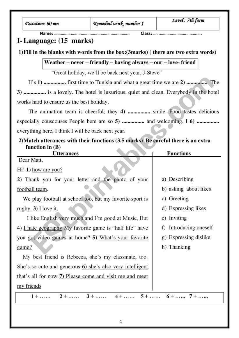 Remedial work 7th  worksheet