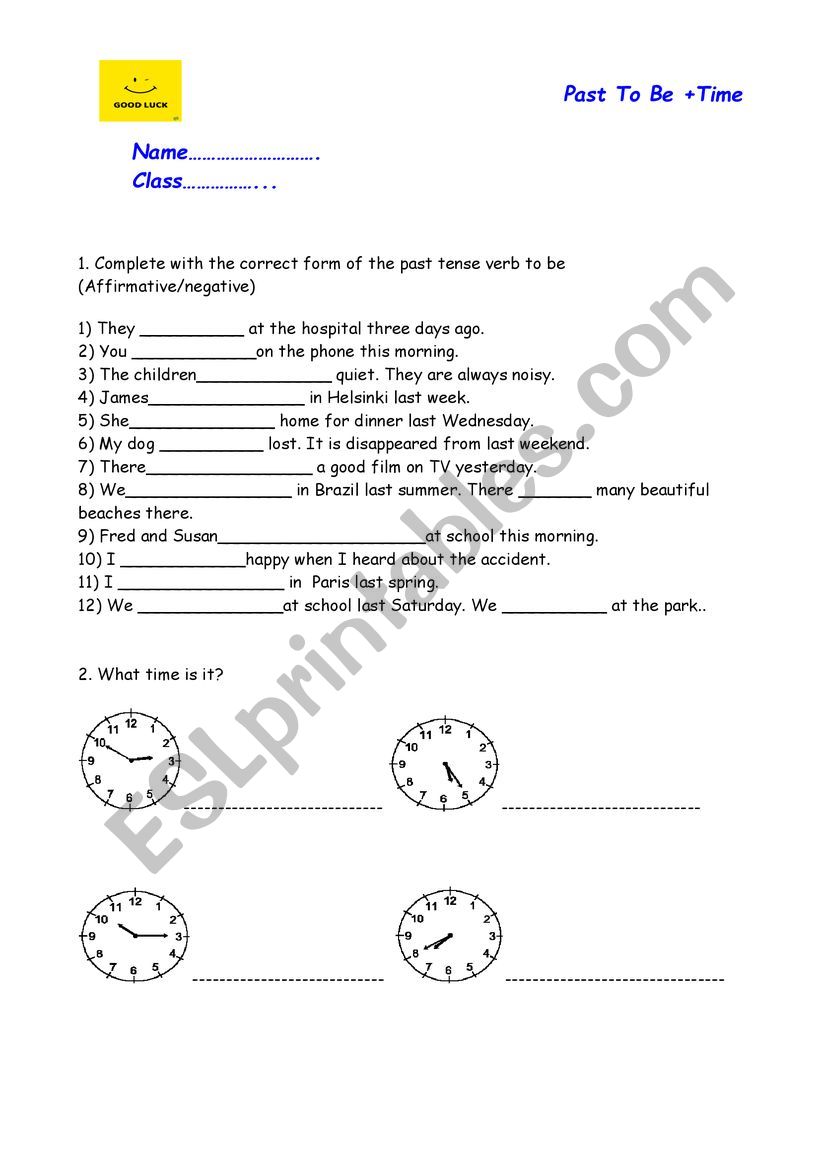 past to be + time worksheet