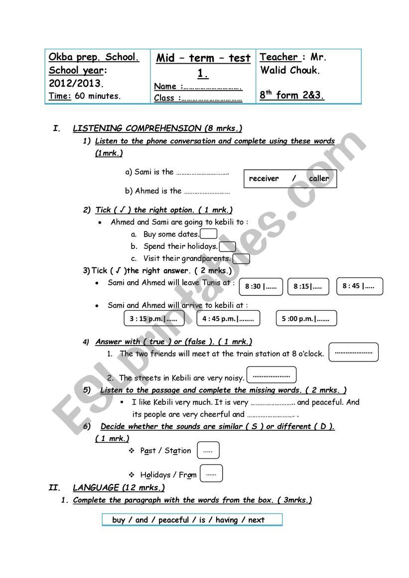 test 1  8 graders worksheet