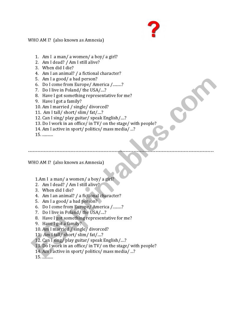 Who am I? - AMNESIA worksheet