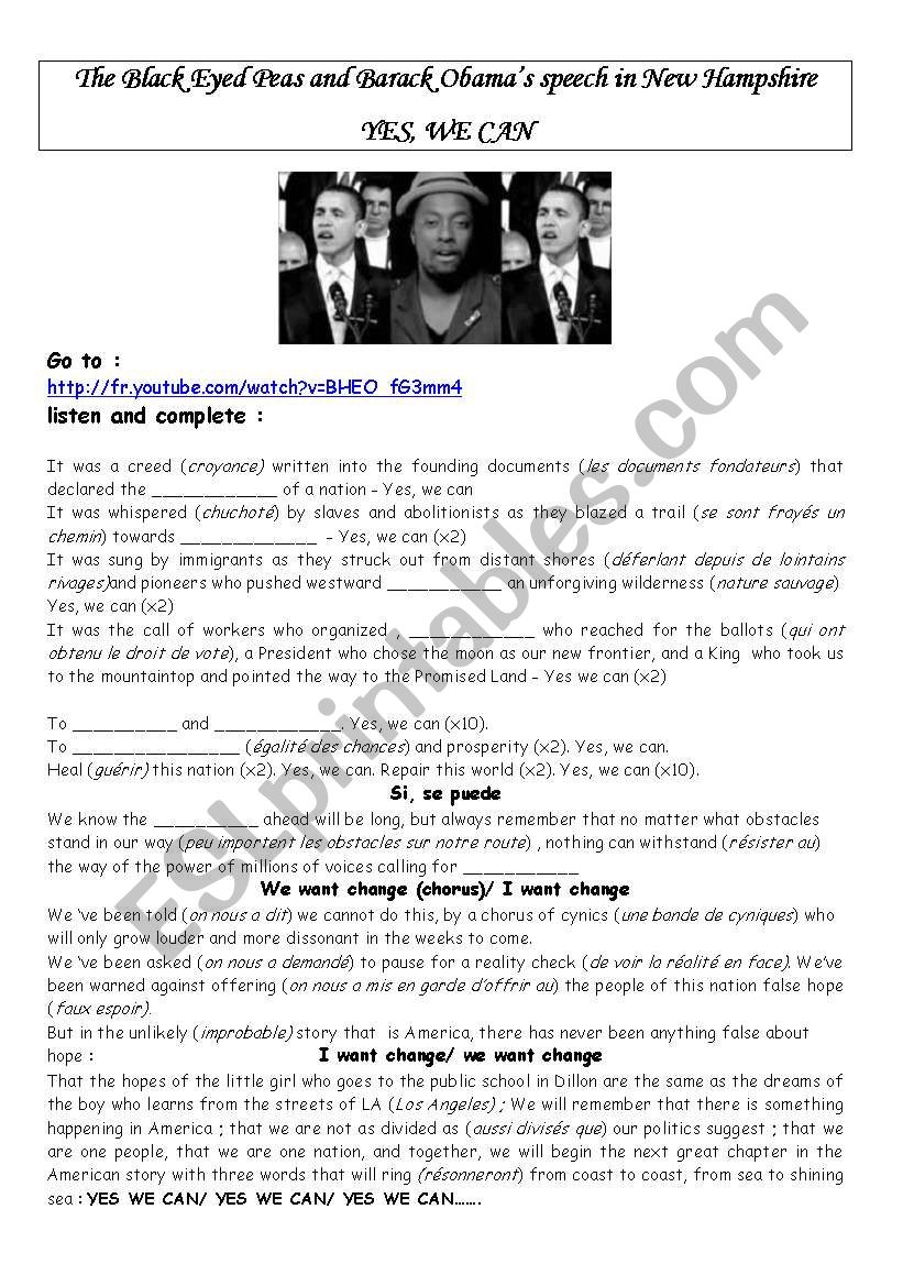 OBAMA Webquest YES WE CAN  worksheet