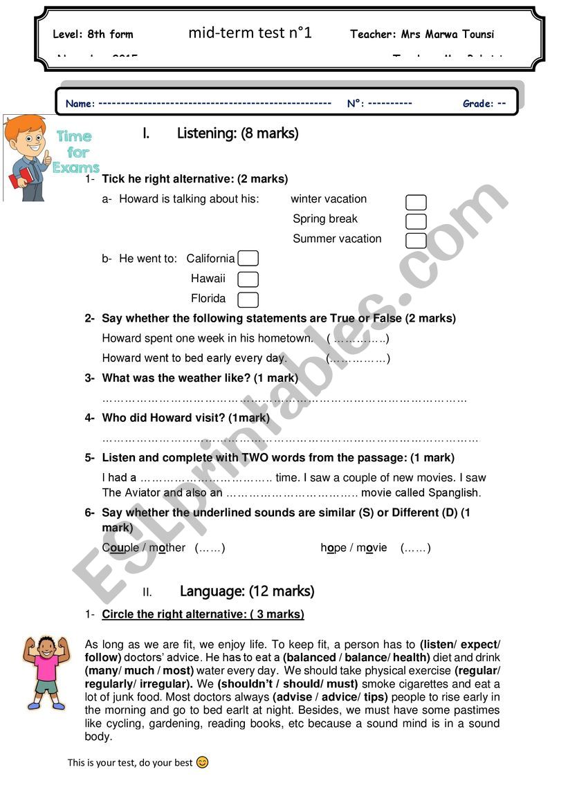 Mid term test n1  worksheet