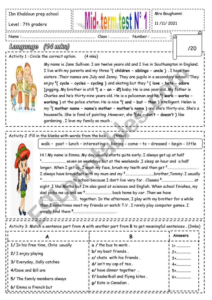 7th mid term test 1 worksheet