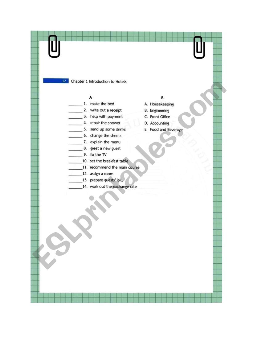 Jobs in hotel task1 worksheet