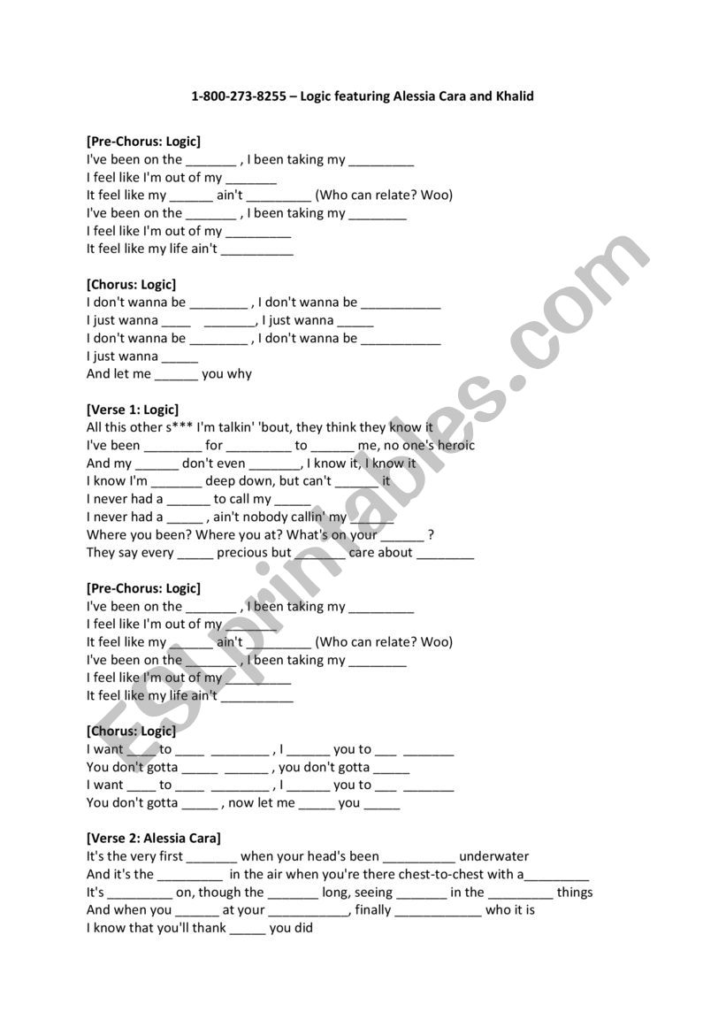 1-800 Logic Lyrics worksheet