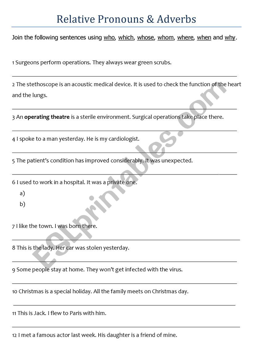 Relative pronouns & adverbs worksheet