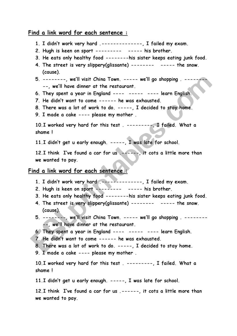 link words worksheet