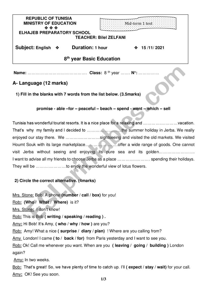 Mid term 1 English test for 8 th grade students