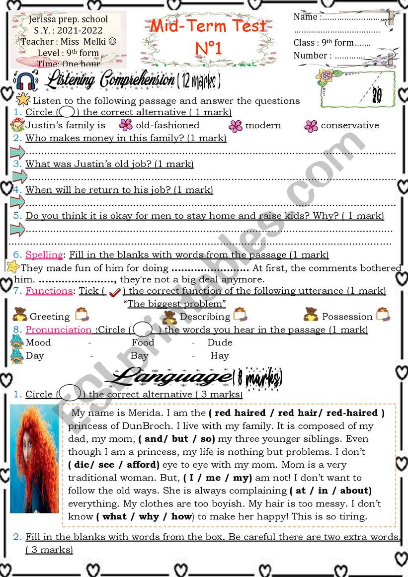 9th form test  worksheet