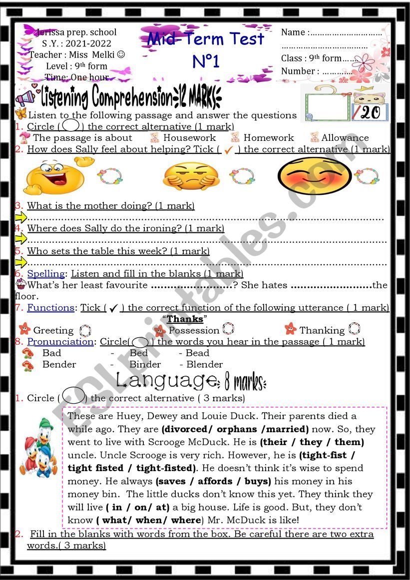 9th form test worksheet