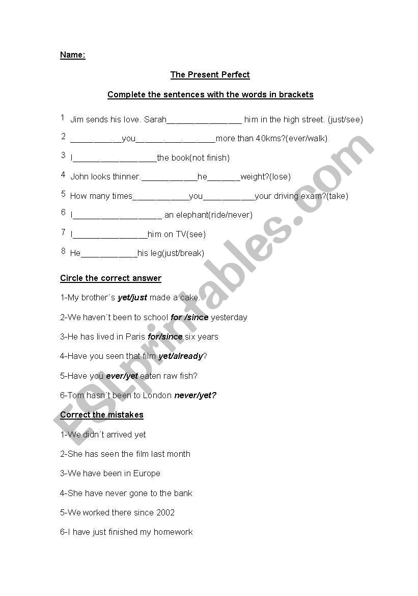 present perfect exam worksheet