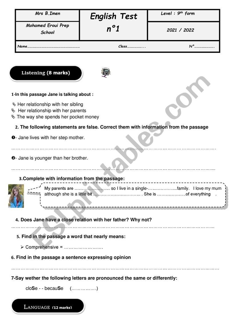 First term test n19th form worksheet