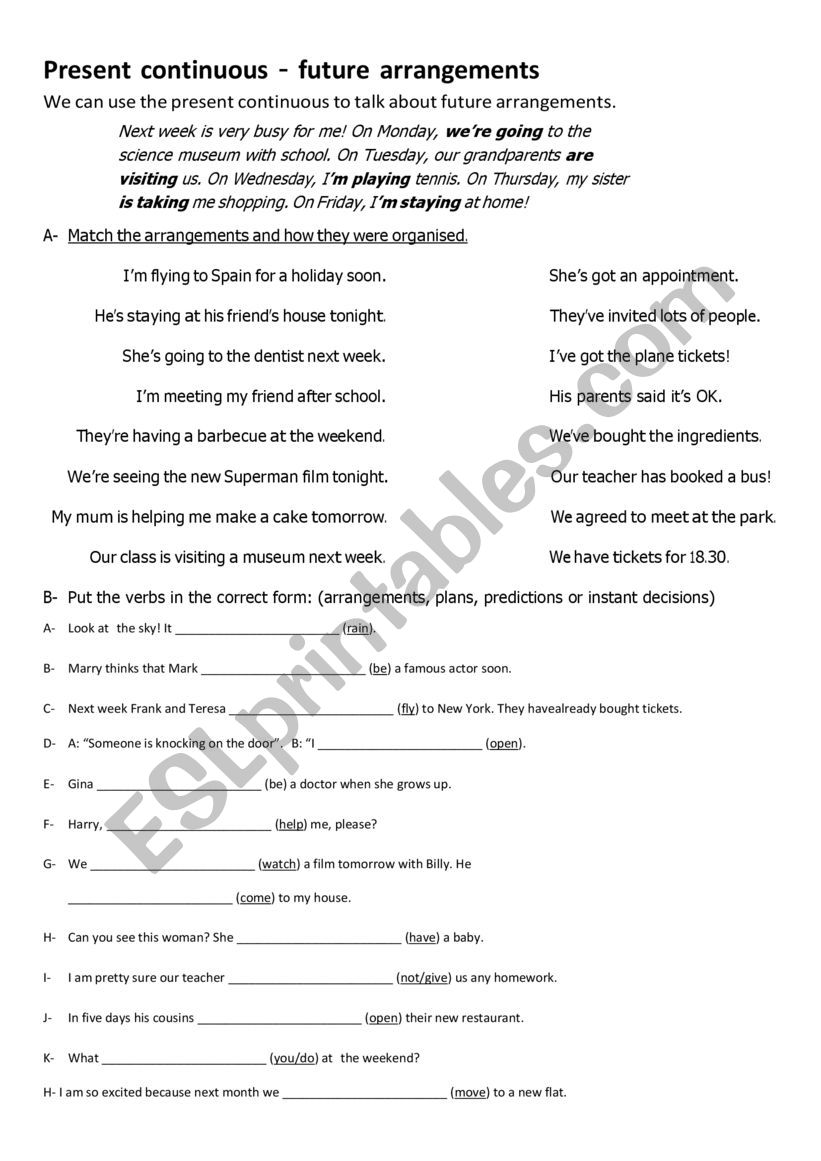 Future Arrangements worksheet