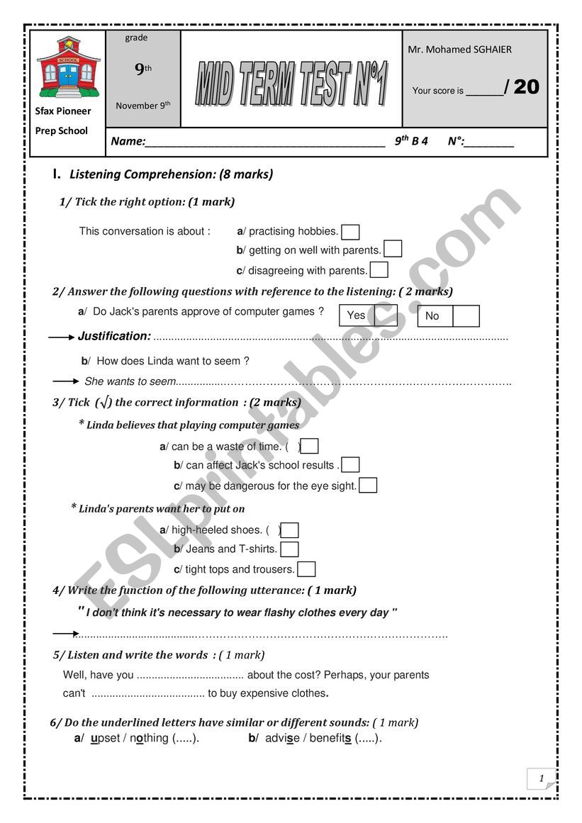 Sfax Pioneer Mid Term 1 Test worksheet