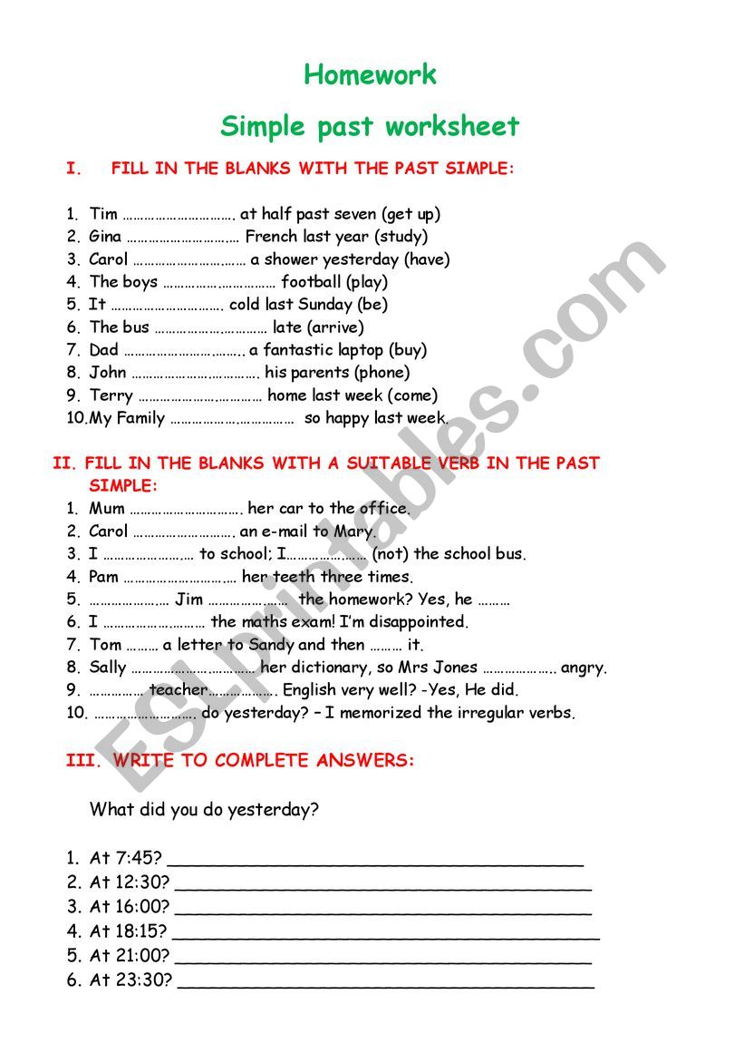 PAST SIMPLE WORKSHEET worksheet