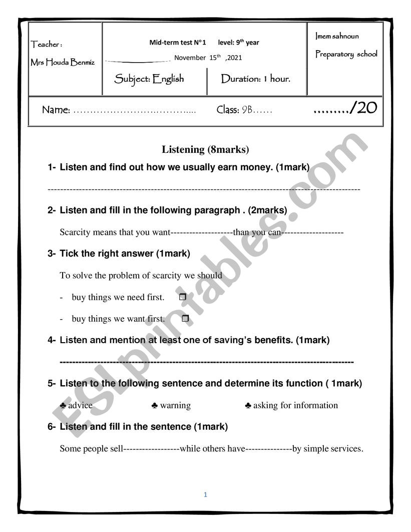 9th test 1 worksheet