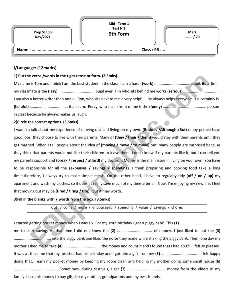 9th Mid Term Test 1 worksheet