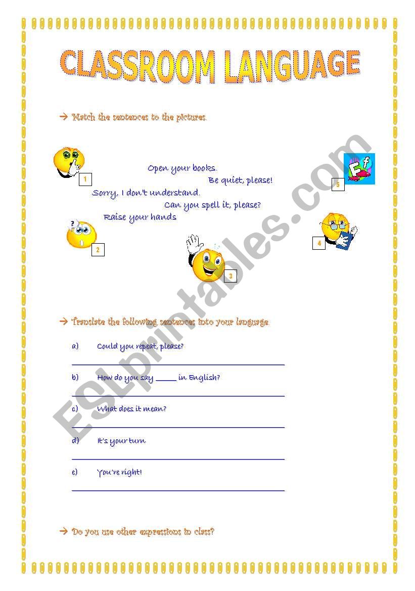 Classroom language worksheet
