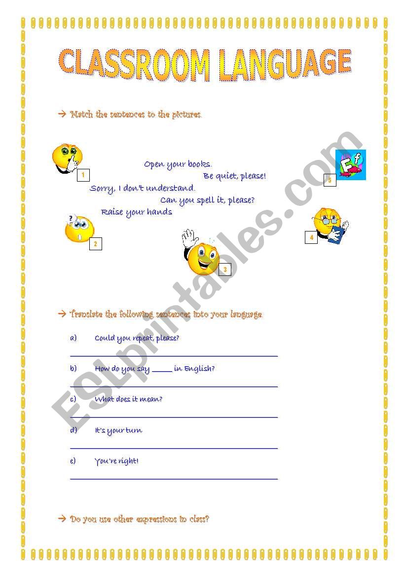 Classroom language worksheet