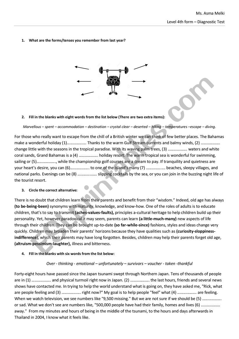 Diagnostic test 4th form Arts worksheet