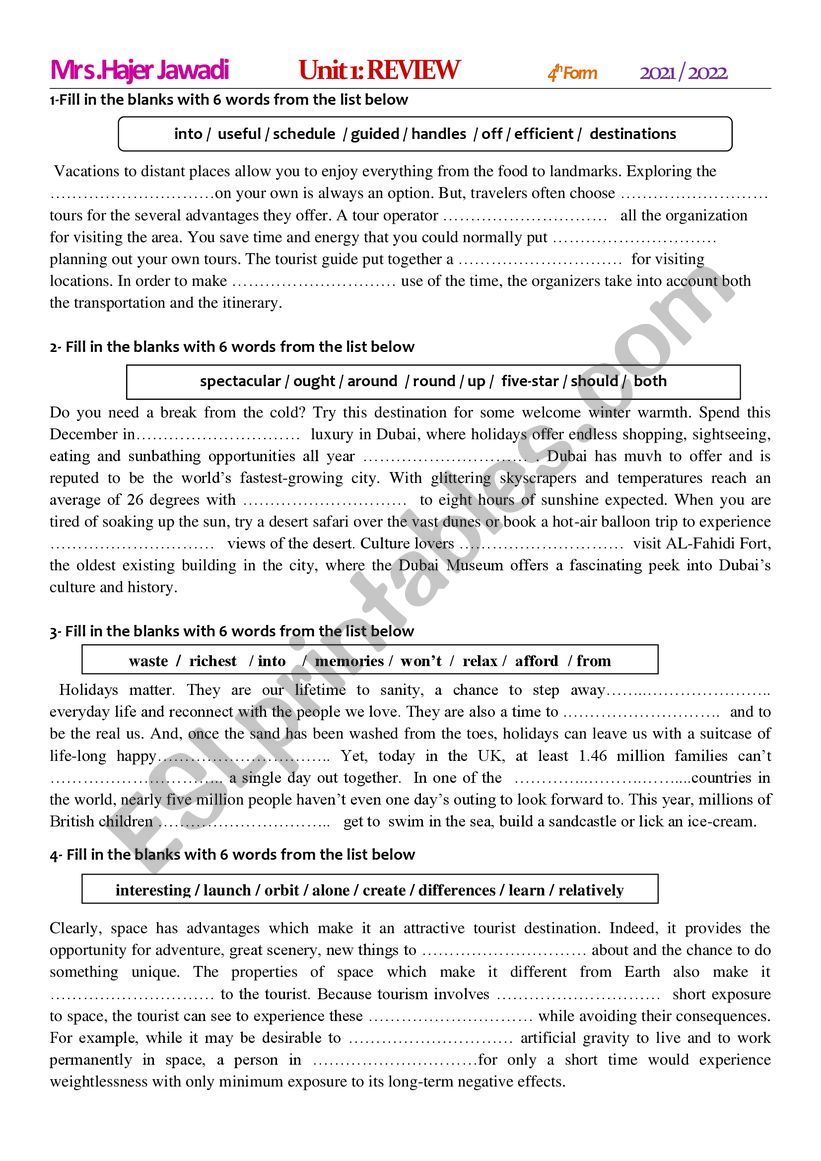 unit 1 holidaying (review) worksheet