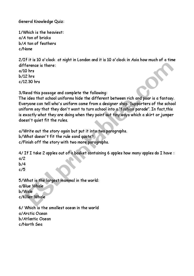 General Knowledge Quiz worksheet