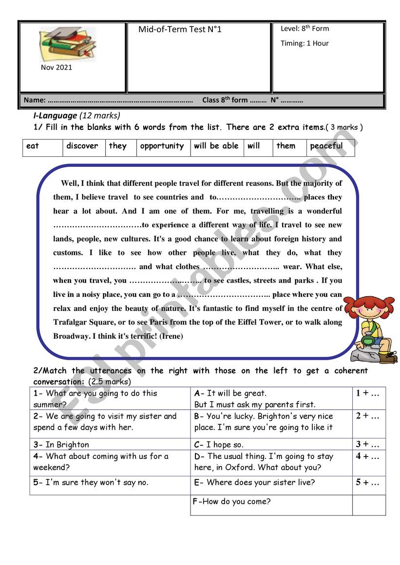 mid term test n 1 8th form worksheet
