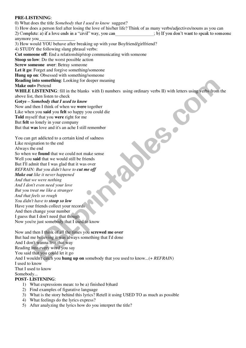 Gotye Somebody  that I used to know song worksheet
