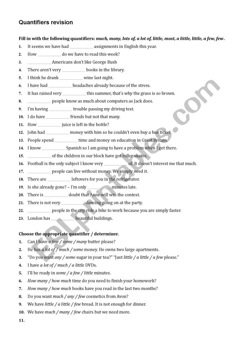 quantifiers revision worksheet