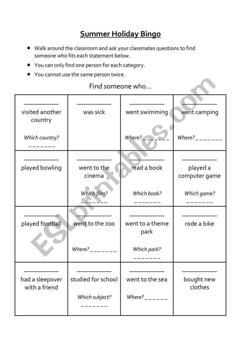 Summer Holiday Bingo worksheet