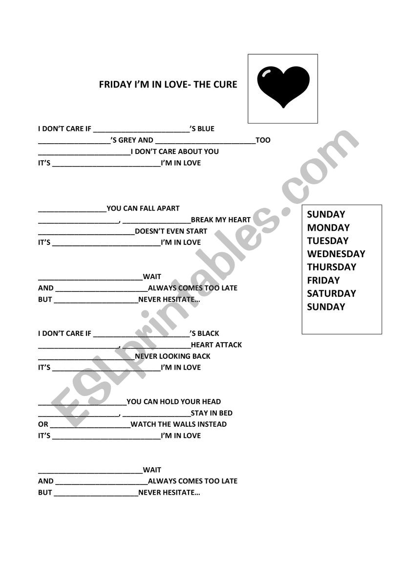 Friday, Im in love worksheet