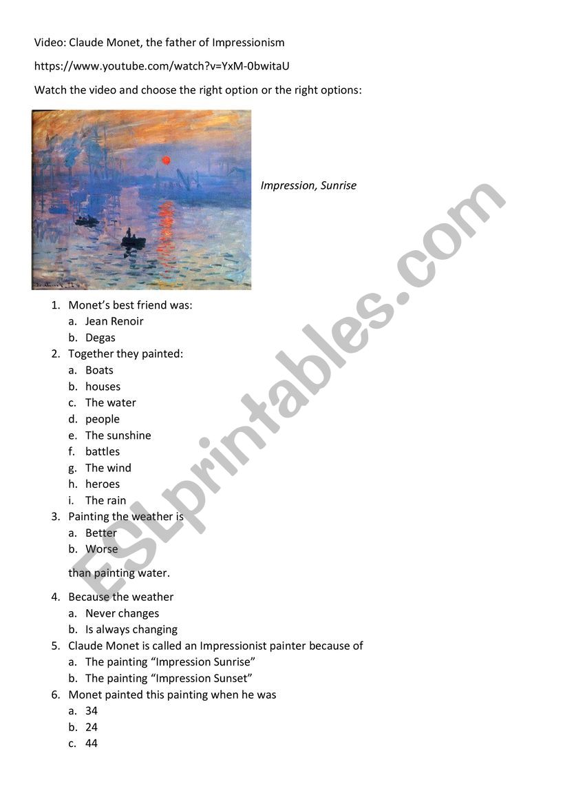 IMPRESSIONISM - VIDEO COMPREHENSION ACTIVITY