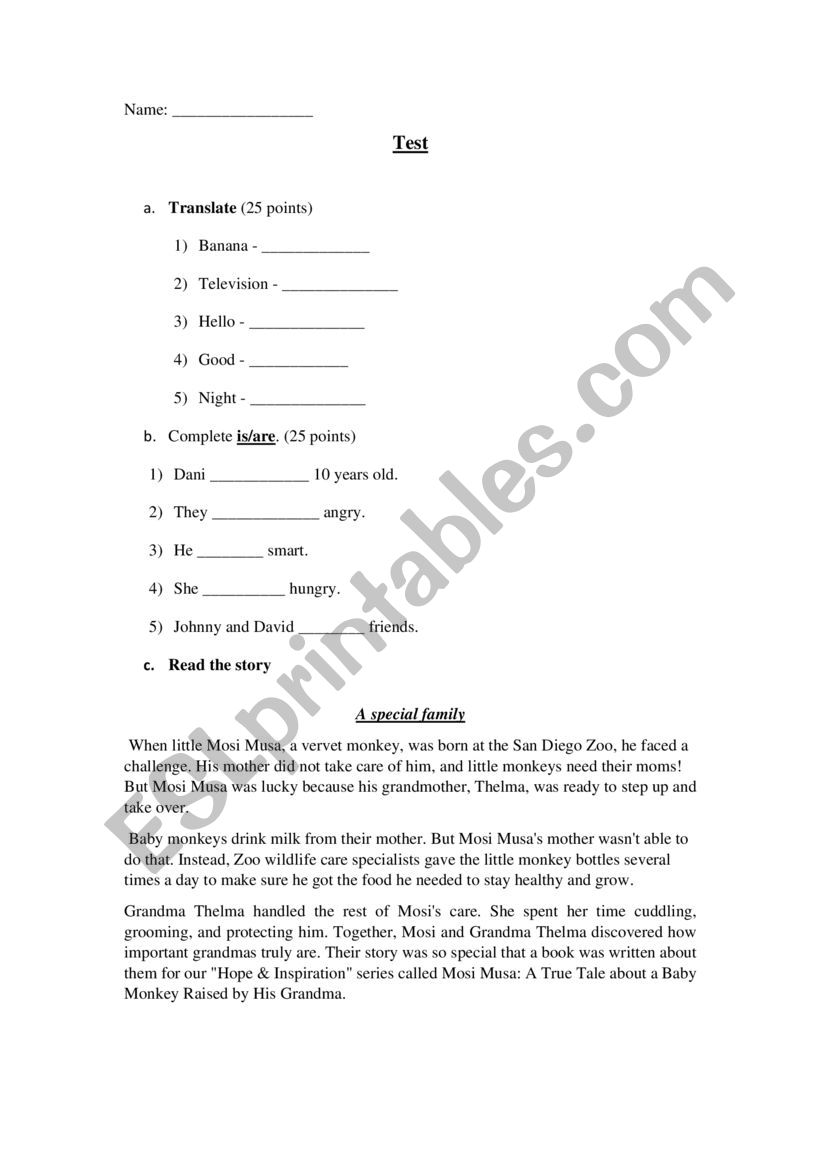 Test for intermediate level- Vervet Monkey