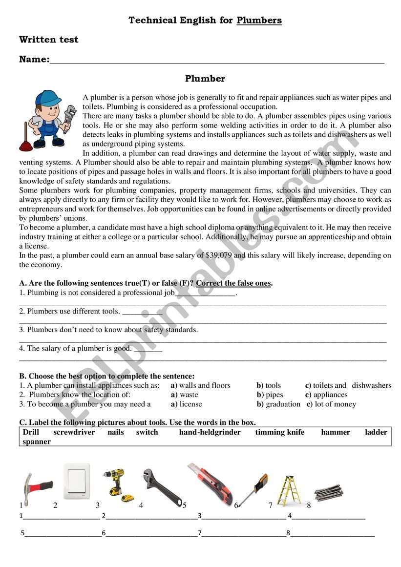 PLUMBERS worksheet