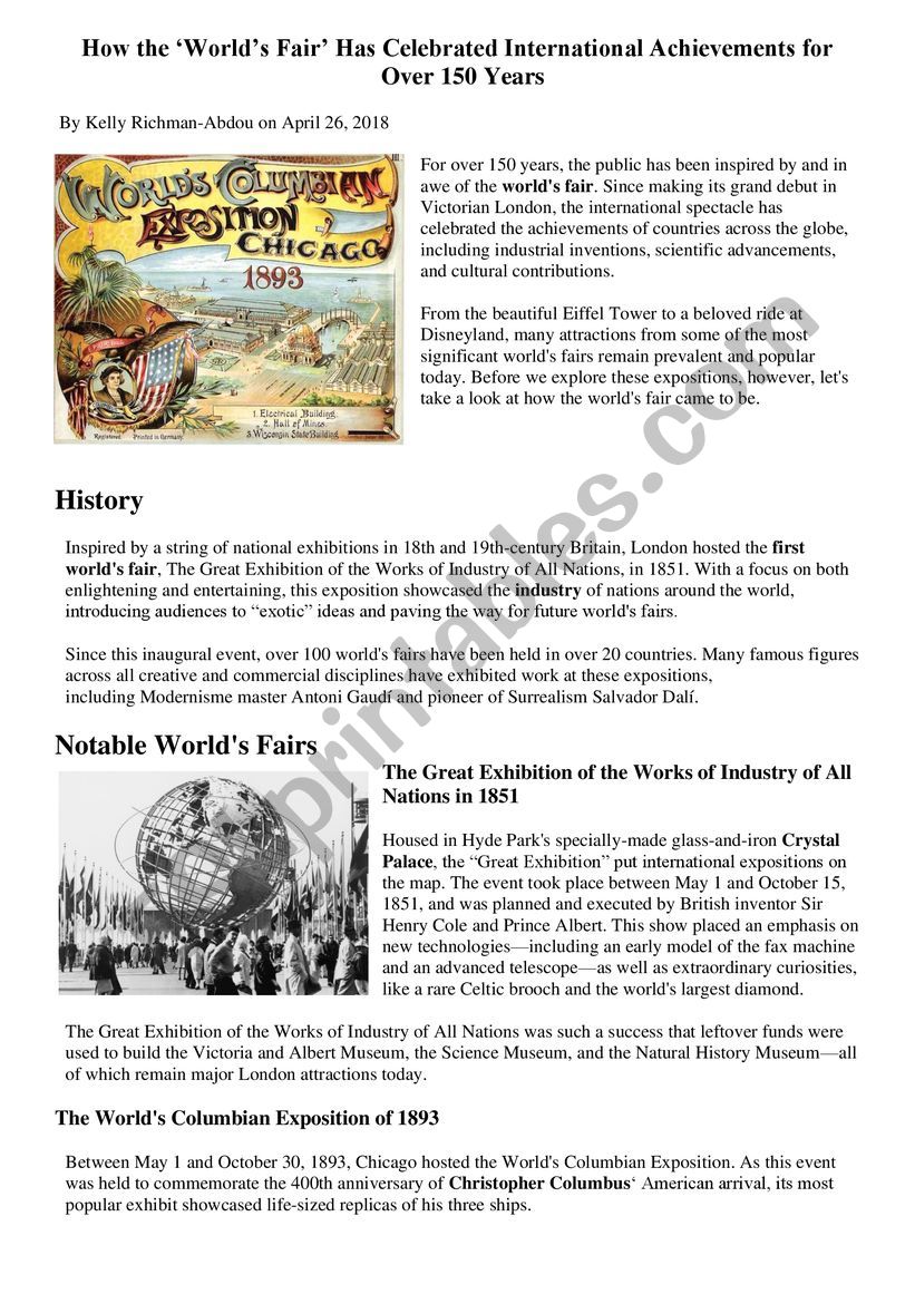 The history of World s fair worksheet